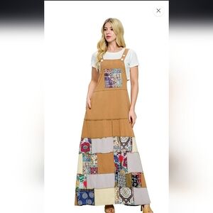 Patchwork Boho Cotton Blend Maxi Overall Dress 70s Vibes